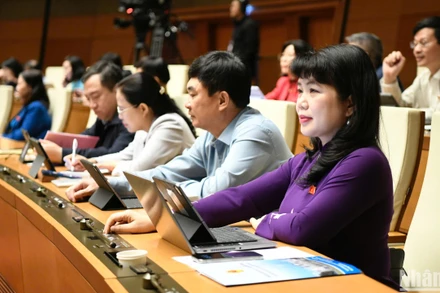 Đại biểu Quốc hội biểu quyết thông qua Nghị quyết về chủ trương đầu tư Chương trình mục tiêu quốc gia về phát triển văn hóa giai đoạn 2025-2035. (Ảnh: DUY LINH)