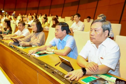 Các đại biểu Quốc hội biểu quyết thông qua Luật sửa đổi, bổ sung một số điều của Luật Xuất cảnh, nhập cảnh của công dân Việt Nam và Luật Nhập cảnh, xuất cảnh, quá cảnh, cư trú của người nước ngoài tại Việt Nam. (Ảnh: DUY LINH)