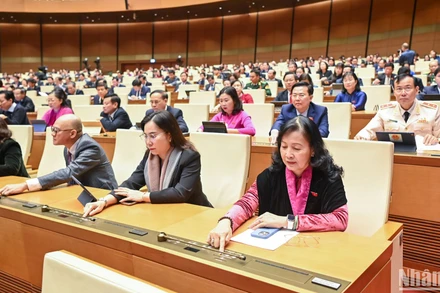 Đại biểu Quốc hội biểu quyết thông qua Nghị quyết về một số cơ chế, chính sách đặc biệt đầu tư xây dựng dự án điện hạt nhân Ninh Thuận. (Ảnh: DUY LINH)