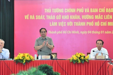 Thủ tướng Phạm Minh Chính dự cuộc làm việc của Thủ tướng Chính phủ và Ban Chỉ đạo với Thành phố Hồ Chí Minh (Ảnh: THANH GIANG). 