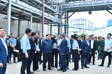 Thủ tướng Phạm Minh Chính thị sát tổ hợp sản xuất của Tập đoàn HS Hyosung. (Ảnh: THANH GIANG)