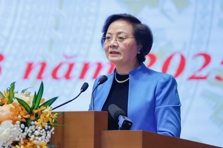 Bộ trưởng Nội vụ Phạm Thị Thanh Trà phát biểu ý kiến tại phiên họp. (Ảnh: VGP)