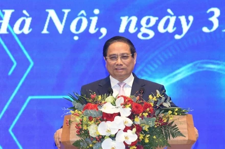 Thủ tướng Chính phủ Phạm Minh Chính phát biểu ý kiến tại Lễ khai trương Cổng Pháp luật quốc gia. (Ảnh: TRẦN HẢI)