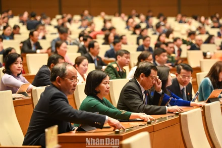 Các đại biểu Quốc hội bấm nút biểu quyết thông qua Nghị quyết. (Ảnh: DUY LINH)