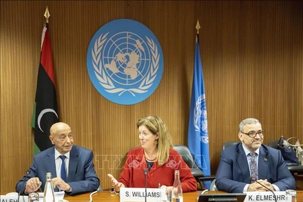 Chủ tịch Quốc hội ở miền đông Libya Aguila Saleh (trái), Cố vấn đặc biệt của Liên hợp quốc về Libya Stephanie Williams và Chủ tịch Hội đồng Cấp cao Nhà nước Libya Khaled Al-Mishri tại cuộc họp ở Geneva, Thụy Sĩ, ngày 28/6/2022. (Ảnh tư liệu: AFP/TTXVN)