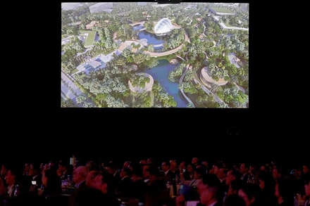 Video giới thiệu về thủ đô Nusantara của Indonesia tại một sự kiện ở Singapore, ngày 7/6/2023. (Ảnh: Reuters)