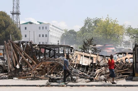 Những chiếc xe ô-tô bị các băng nhóm tội phạm đốt cháy, trong bối cảnh bạo lực lan rộng ở thủ đô Port-au-Prince, Haiti, ngày 25/3/2024. (Ảnh: Reuters) 
