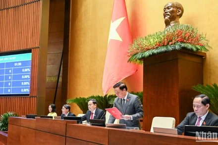 Chủ tịch Quốc hội Trần Thanh Mẫn cùng các Phó Chủ tịch Quốc hội biểu quyết thông qua Nghị quyết Kỳ họp thứ 8, Quốc hội khóa XV. (Ảnh: DUY LINH) 