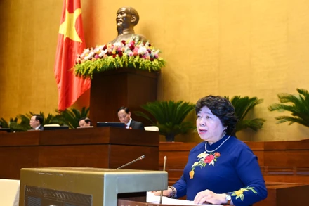 Ủy viên Ủy ban Thường vụ Quốc hội, Chủ nhiệm Ủy ban Xã hội của Quốc hội Nguyễn Thúy Anh trình bày Báo cáo giải trình, tiếp thu, chỉnh lý dự thảo Luật Khám bệnh, chữa bệnh (sửa đổi). (Ảnh: DUY LINH)