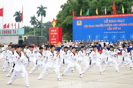 Đồng diễn võ thuật tại lễ khai mạc Hội thao. (Ảnh: TRUNG HƯNG)