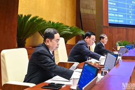 Chủ tịch Quốc hội Vương Đình Huệ và các Phó Chủ tịch Quốc hội biểu quyết thông qua Luật Kinh doanh bất động sản (sửa đổi) bằng hình thức biểu quyết điện tử. (Ảnh: DUY LINH) 