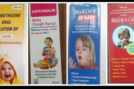 Bốn loại siro được cho là gây ra những tổn thương cấp tính ở thận và là nguyên nhân khiến 66 trẻ em thiệt mạng ở Gambia. Ảnh: BBC