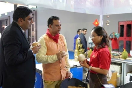 Giới thiệu hoa quả xuất khẩu của Việt Nam với khách Ấn Độ. (Ảnh: TTXVN)