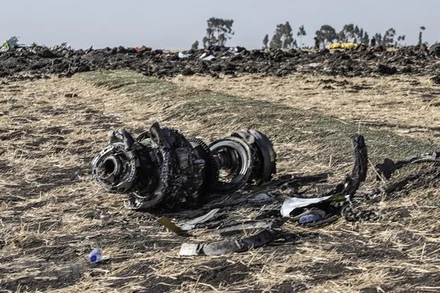 Một bộ phận của máy bay Boeing 737 MAX thuộc Hãng hàng không Ethiopian Airlines tại hiện trường vụ tai nạn gần thủ đô Addis Ababa, ngày 11/3/2019. (Nguồn: AFP/TTXVN)