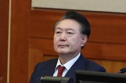 Tổng thống Hàn Quốc Yoon Suk Yeol tại Tòa án Hiến pháp ở Seoul ngày 20/2/2025. (Ảnh: THX/TTXVN)