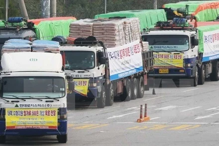Các xe hàng viện trợ nhân đạo của Hàn Quốc dành cho Triều Tiên. (Ảnh tư liệu: YONHAP/TTXVN)