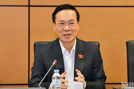 Chủ tịch nước Võ Văn Thưởng phát biểu thảo luận tại phiên họp Tổ 11, sáng 24/10. (Ảnh: THỦY NGUYÊN)