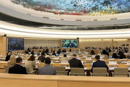 Quang cảnh phiên đối thoại về Báo cáo quốc gia về bảo vệ và thúc đẩy quyền con người theo cơ chế Rà soát định kỳ phổ quát (UPR) chu kỳ IV của Hội đồng Nhân quyền Liên hợp quốc, Geneva, Thụy Sĩ, ngày 6/5/2024. (Ảnh: TIẾN DŨNG) 