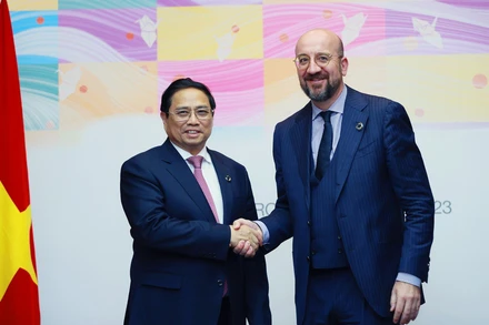 Thủ tướng Phạm Minh Chính và Chủ tịch Hội đồng châu Âu Charles Michel. (Ảnh: DƯƠNG GIANG/TTXVN)