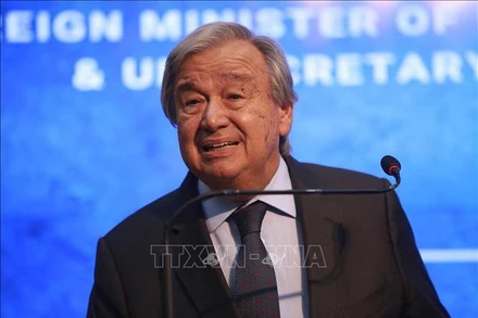Tổng Thư ký Liên hợp quốc Antonio Guterres phát biểu trong cuộc họp báo ở Islamabad, Pakistan, ngày 9/9/2022. Ảnh: AFP/TTXVN