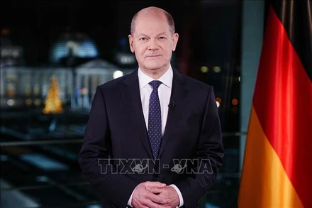 Thủ tướng Đức Olaf Scholz trong bài phát biểu chúc mừng năm mới 2022 tại Berlin, Đức, ngày 30/12/2021. (Ảnh minh họa: AFP/TTXVN)