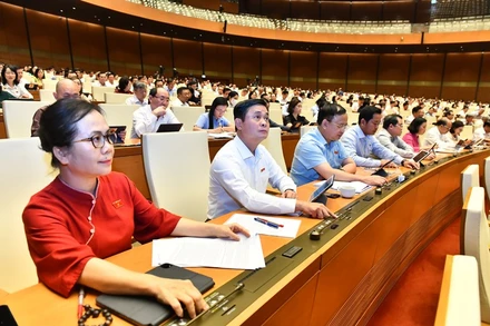 Các đại biểu Quốc hội biểu quyết thông qua Nghị quyết về Chương trình giám sát của Quốc hội năm 2024. (Ảnh: ĐĂNG KHOA)