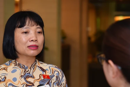 Đại biểu Nguyễn Thị Việt Nga trao đổi với báo chí bên hành lang Quốc hội. (Ảnh: THỦY NGUYÊN) 