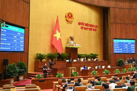 Quốc hội biểu quyết thông qua Luật Quản lý, sử dụng vũ khí, vật liệu nổ và công cụ hỗ trợ (sửa đổi) tại phiên họp sáng 29/6. (Ảnh: DUY LINH) 