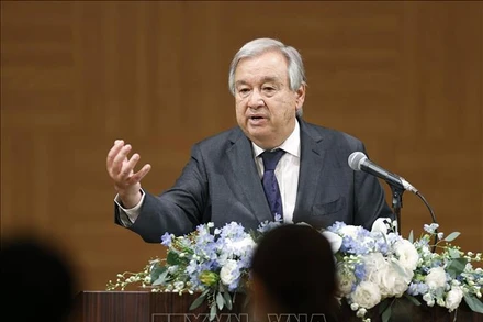 Tổng Thư ký LHQ Antonio Guterres phát biểu tại cuộc họp báo ở Hiroshima, Nhật Bản, ngày 6/8/2022. (Ảnh: Kyodo/ TTXVN)