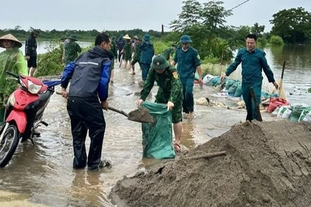 Lực lượng chức năng huyện Chương Mỹ khắc phục sự cố tràn đê. 