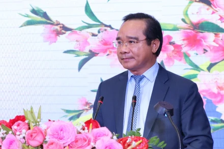 Bí thư Tỉnh ủy Long An Nguyễn Văn Được phát biểu chào mừng Đoàn đại biểu Vương quốc Campuchia đến chúc Tết tỉnh Long An nhân dịp Xuân Giáp Thìn 2024.