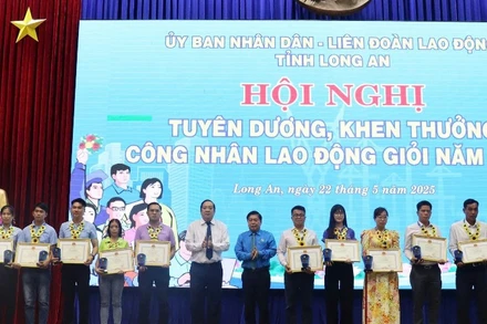 Lãnh đạo tỉnh Long An trao Bằng khen của Chủ tịch Ủy ban nhân dân tỉnh cho công nhân lao động giỏi năm 2024. 