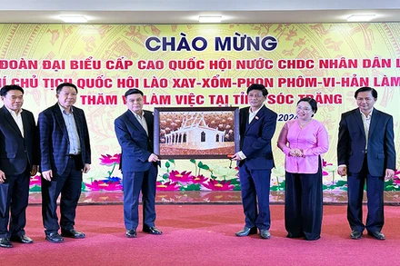 Lãnh đạo tỉnh Sóc Trăng tặng bức tranh làm bằng gạo cho Đoàn đại biểu cấp cao Quốc hội Lào.