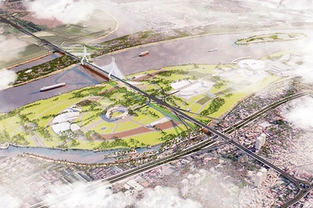 Phối cảnh cầu Tứ Liên bắc qua sông Hồng.