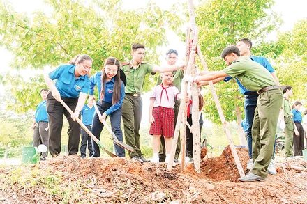 Trồng cây xanh tại Lễ ra quân chiến dịch tình nguyện hè 2024. (Ảnh Thành đoàn Thành phố)