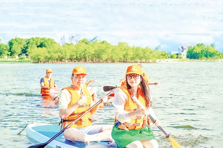 Du khách tham quan, khám phá rừng ngập mặn Rú Chá, xã Hương Phong, thành phố Huế bằng thuyền SUP.