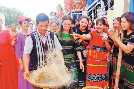 Du khách trải nghiệm giã gạo tại Ngày hội kết bạn cộng đồng của người M’nông tại huyện Bù Đăng, tỉnh Bình Phước.