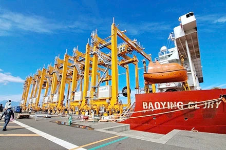 Vận chuyển, lắp đặt lô 8 thiết bị cần cẩu giàn bánh lốp (RTG) đầu tiên tại bến container số 3 và 4 Cảng Lạch Huyện, thành phố Hải Phòng. (Ảnh QUANG PHỔ)