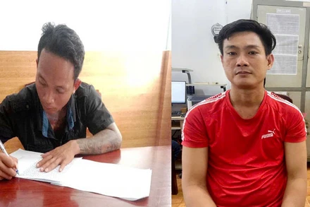 Đối tượng Nguyễn Hoàng Nam và Phạm Ngọc Định đến cơ quan Công an xin đầu thú.