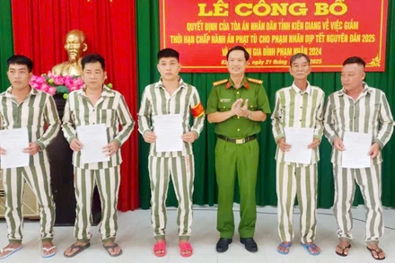 Lãnh đạo Công an tỉnh Kiên Giang trao Quyết định cho các phạm nhân được giảm án nhân dịp Tết.
