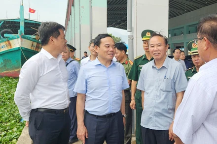 Phó Thủ tướng Trần Lưu Quang thị sát tại Cảng cá Tắc Cậu, huyện Châu Thành, tỉnh Kiên Giang. 
