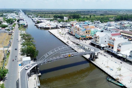 Một góc thị trấn Thứ Mười Một, huyện An Minh, nhìn từ trên cao. 