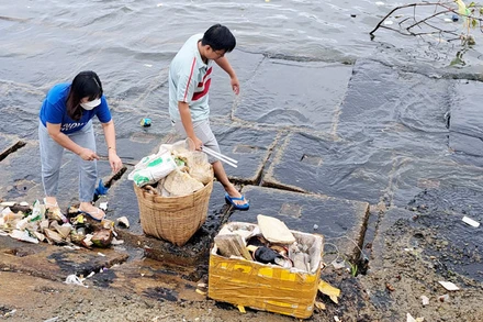 Công chức, viên chức và nhân dân thành phố Phú Quốc, tỉnh Kiên Giang thu gom rác ven biển. 
