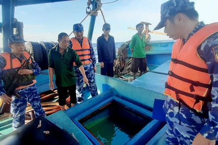 Lực lượng chức năng Bộ Tư lệnh Vùng Cảnh sát biển 4 kiểm tra hàng hóa vi phạm trên tàu TG 91387 TS. 