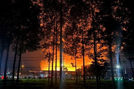 Lửa cháy bốc cao tại Công ty Trách nhiệm hữu hạn Shing Mark Vina, Khu công nghiệp Bàu Xéo. 