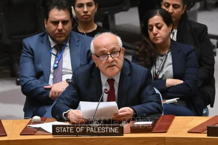 Quan sát viên thường trực của Palestine tại LHQ Riyad Mansour phát biểu trong phiên họp Hội đồng Bảo an LHQ ở New York, Mỹ ngày 25/3/2024. Ảnh: AFP/TTXVN