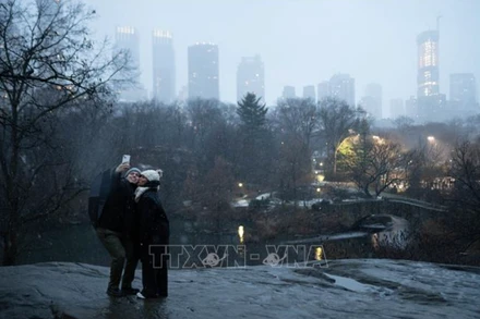 Tuyết rơi tại Công viên Trung tâm ở New York, Mỹ, ngày 6/1/2024. (Ảnh: AFP/TTXVN)