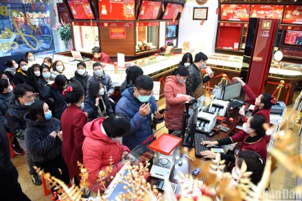 Khách hàng chờ đợi tới lượt mua vàng trong ngày vía Thần Tài tại Công ty TNHH Vàng bạc đá quý Bảo Tín Minh Châu. (Ảnh: Thành Đạt)