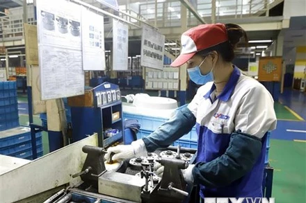 Sản xuất chi tiết động cơ, ly hợp, côn, hộp số của ô-tô, xe máy tại Công ty Exedy Việt Nam, Khu công nghiệp Khai Quang. (Ảnh: Hoàng Hùng/TTXVN)