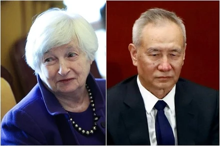 Bộ trưởng Tài chính Mỹ Janet Yellen và Phó thủ tướng Trung Quốc Lưu Hạc. (Ảnh: Straits Times)